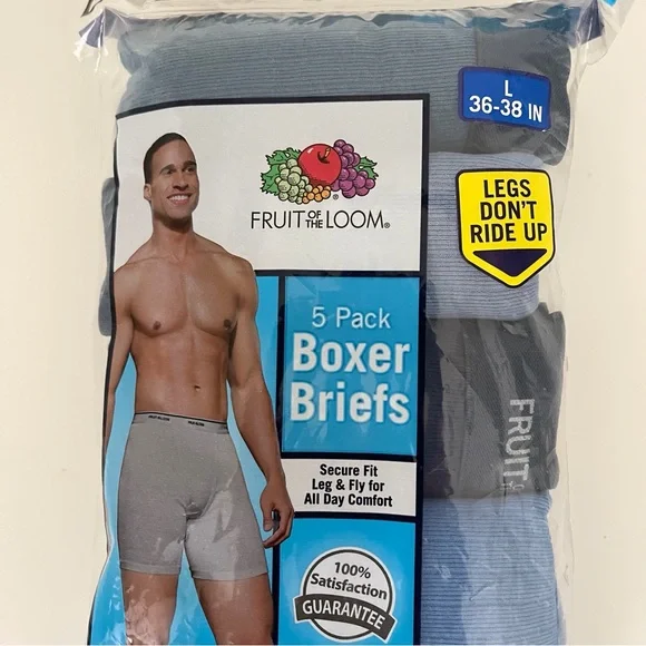 Fruit of the Loom 5 Pack Boxer Briefs L (36-38) Assorted Blues - Picture 3 of 10